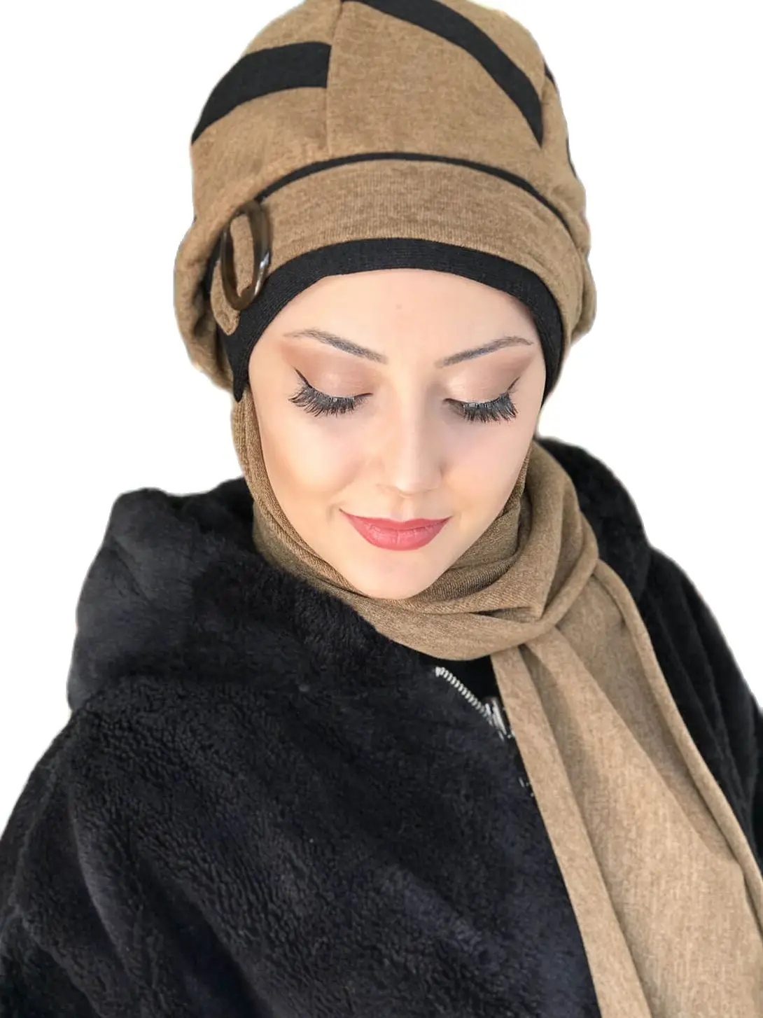 New Fashion Hijab Women 2021 Muslim Islamic Turban Milky Coffee Color Scarf Buckle Black Stripe Beanie