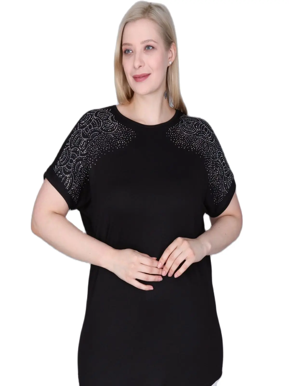 Diaves Women Summer Fashion Plus Size Bicycle Neck Mineral Stone Designed Design Viscose Black Blouse