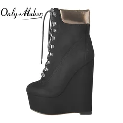 Onlymaker Women Platform Wedges Booties  High Heels Lace Up Flock Fashion Big Size Winter Booties