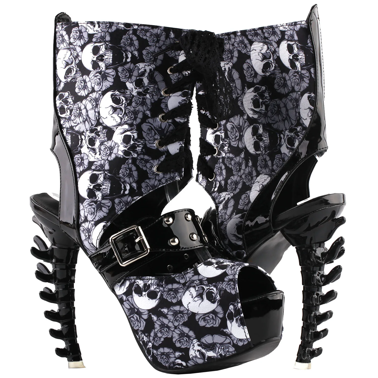 LF80663 SHOW STORY Punk Skull Rose Print Stud Buckle Lace-UpPlatform Bone Heel Club Ankle Bootie Sandals