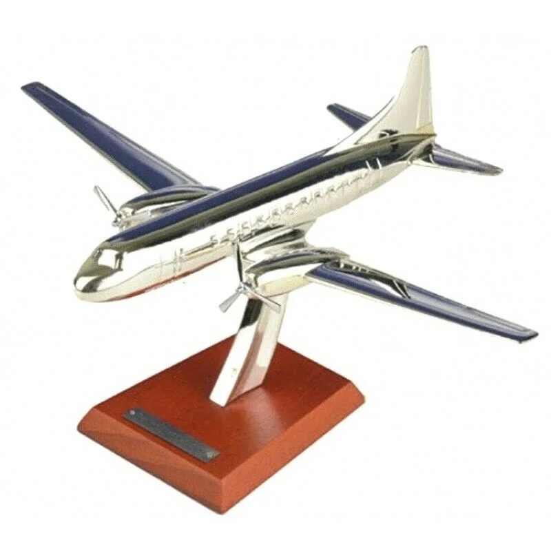 Consolidated Aircraf CV-340 1951 Plane Silver Aircrafts, Miniature Scale 1:200, 14 cms Vintage Decoration, Wooden Foot with Name