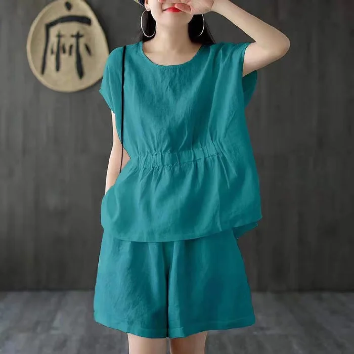 2022 new Cotton Linen Women Summer Set Of Top With Shorts Blue 2 Piece Set Female Casual Shorts Suits Pocket Shirt Outfit