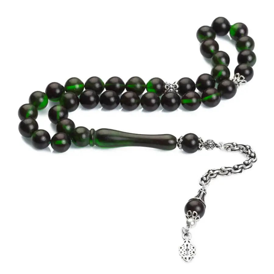 Silver Wavy Green Amber Gemstone Prayer Rosary Men Sphere Cut Rosary With Silver Tassel Arabic Tasbih With Otttoman Model Tassel