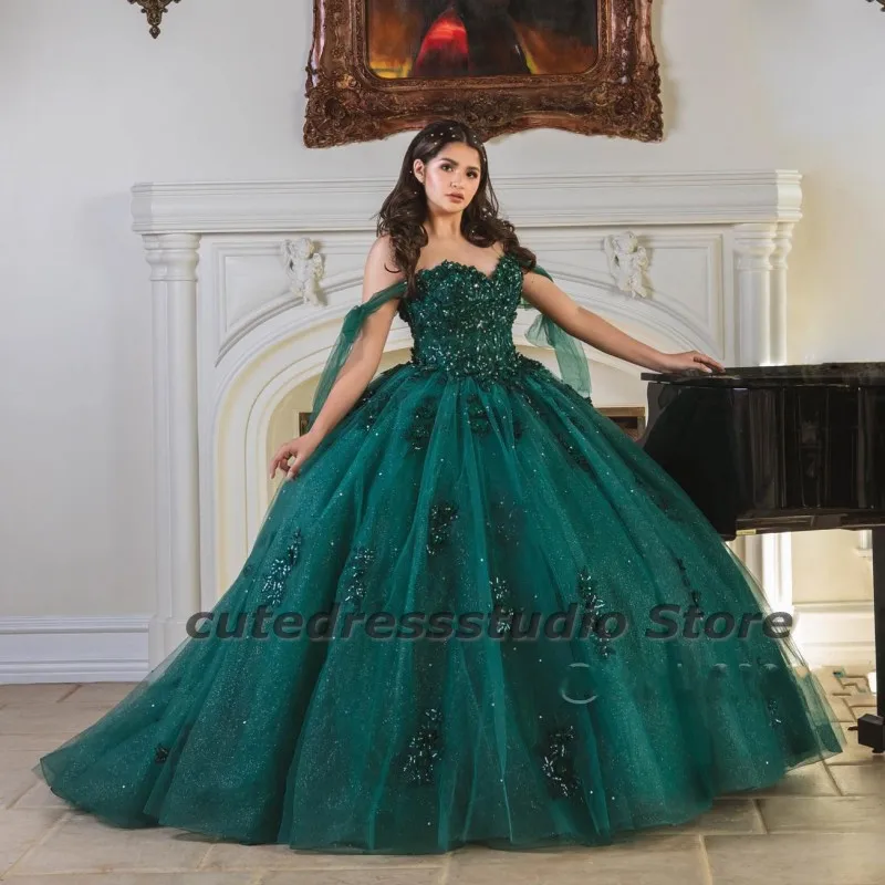 Elegante Dunkelgrün Quinceanera Kleider Perlen Weg Von Der Schulter Süße 16 Spitze Vestidos De XV Años