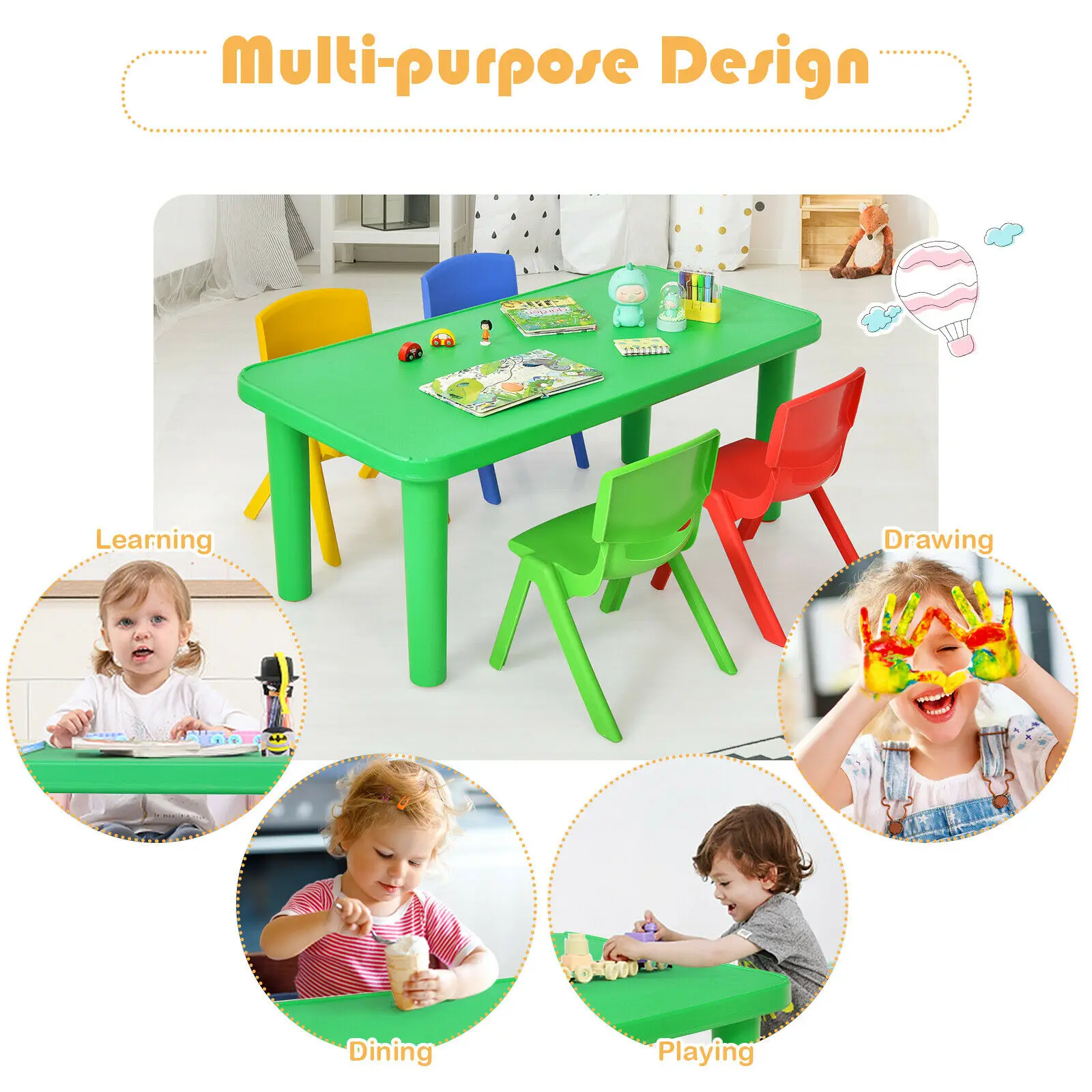 New Kids Plastic Table and 4 Chairs Set Colorful Play School Home Fun Furniture