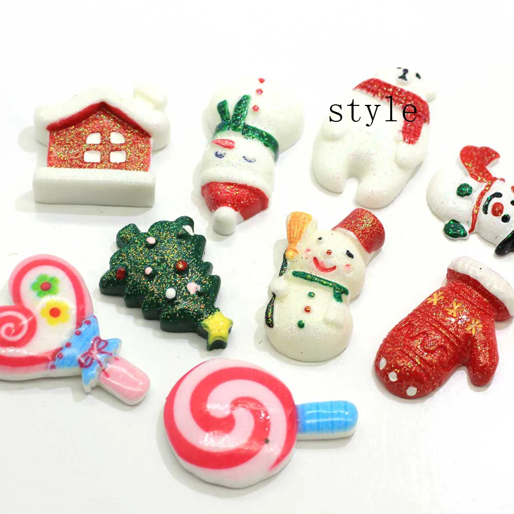 Christmas Theme Mixed Flatback Resin Snowman Snow House Christmas Tree Red Glove lollipop Cabochons Set DIY Craft