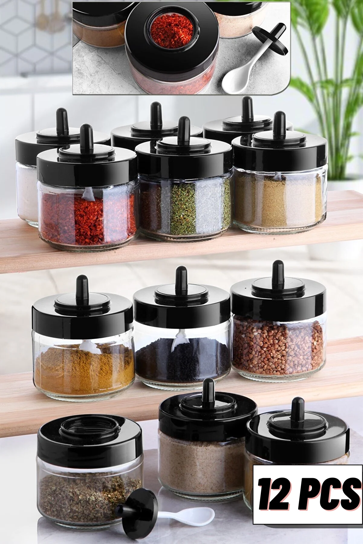 12 Pieces Spice Storage Set with Lid and Spoon - 300 ml - Glass Jar-High Quality-Useful Kitchen Utensils-2022