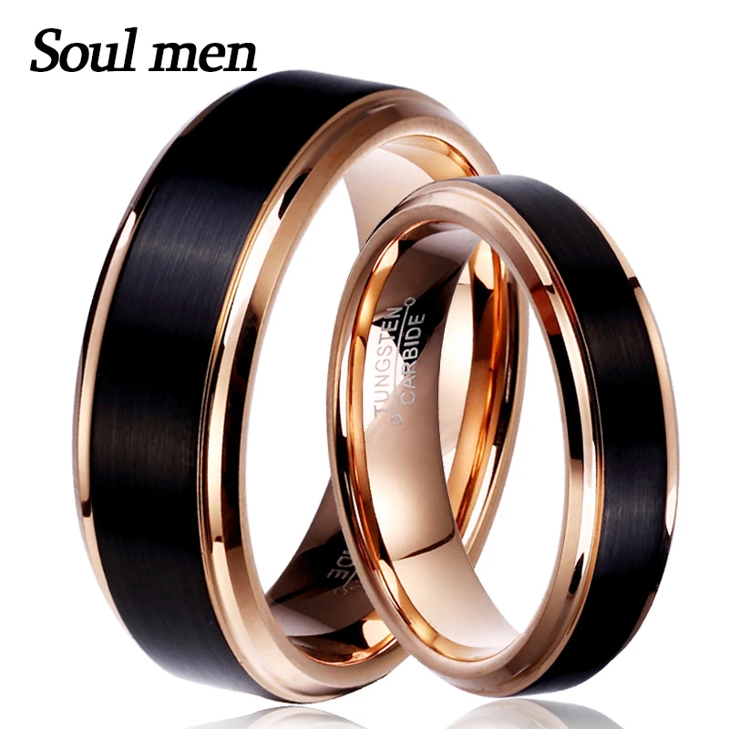 Soul Men 1 Pair Man & Woman Black & Rose Gold Color Tungsten Carbide Marriage Wedding Rings Set 8mm for Boy 6mm for Girl