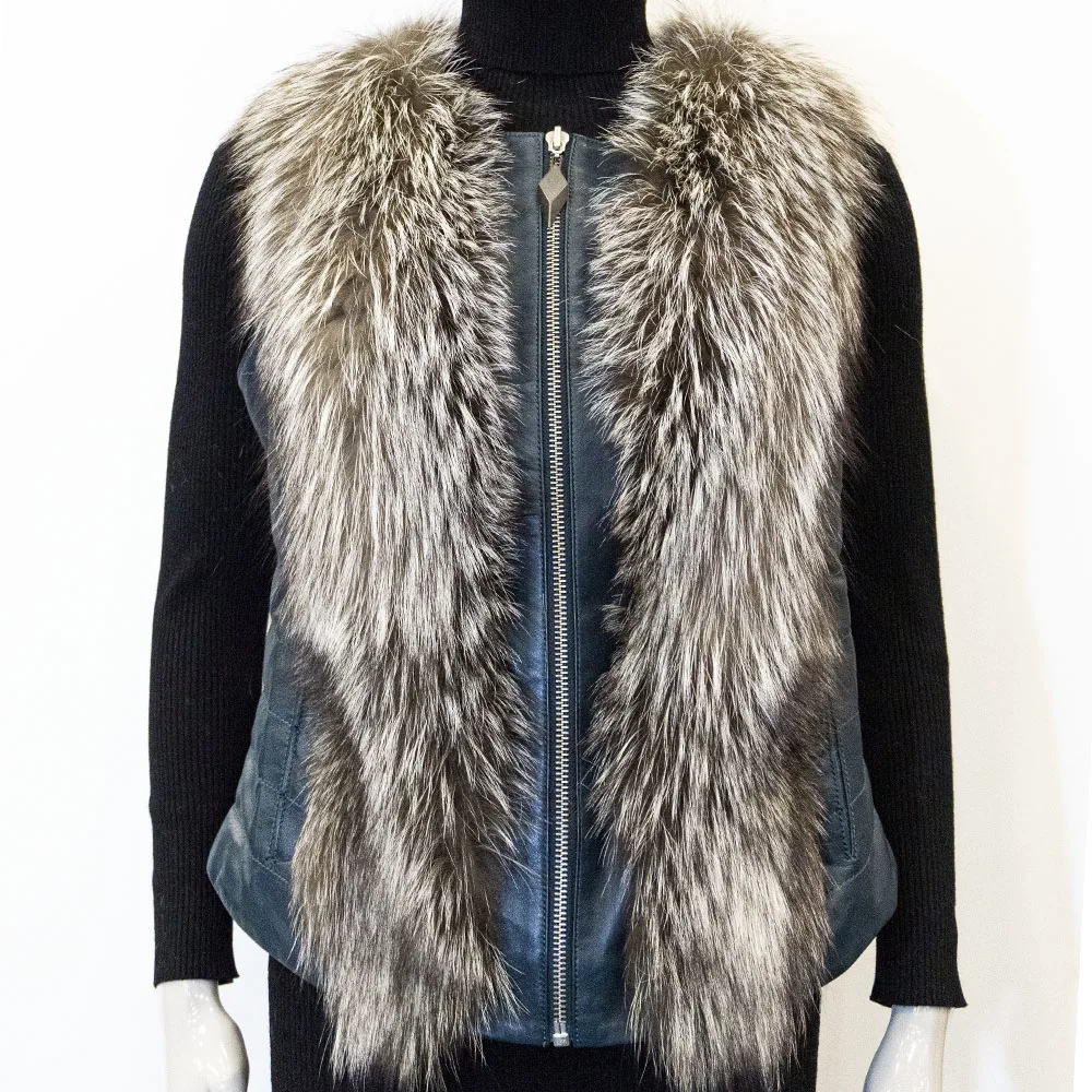 Women Autumn Winter Spring Original Natural Fox Fur Collar Natural Color Genuine Leather Comfortable Famale Sleeveless Vest