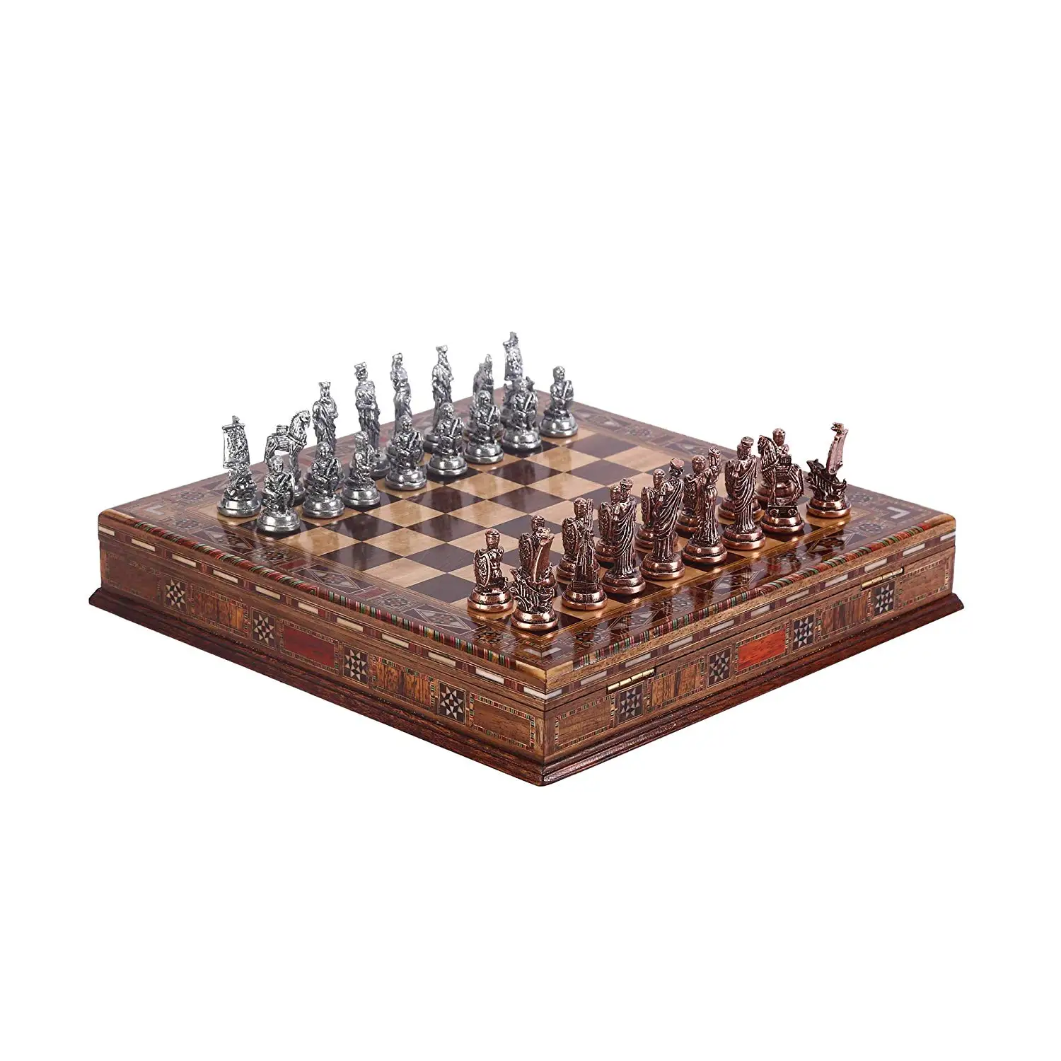 Historical Antique Copper Troy Figures Metal Chess Set,Handmade Pieces,Natural Solid Wooden Chess Board Storage Inside King 7cm