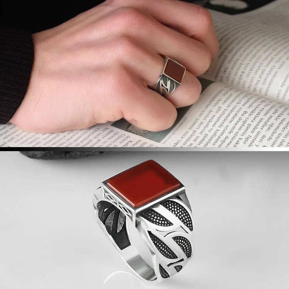 Agate Gemstone 925 Sterling Mens Silver Ring, Real Natural Stone Gift for Men Jewelry, Vintage, made in Turkey, Fashion 2022 Trendy