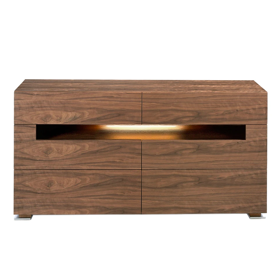 Comfort 7076 Angel Cerdá-comfortable made of walnut-plated wood with six drawers and legs in polished stainless steel. Central hollow with interior led lighting.