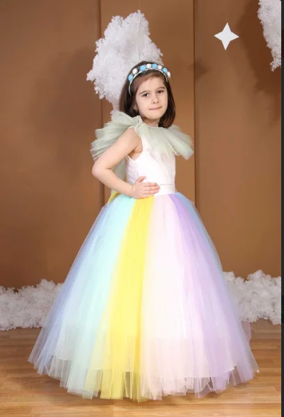 Puffy tulle lace ball gown flower girl dress long sleeve girl princess dress I girl wedding party First Communion NEDİME DRESS