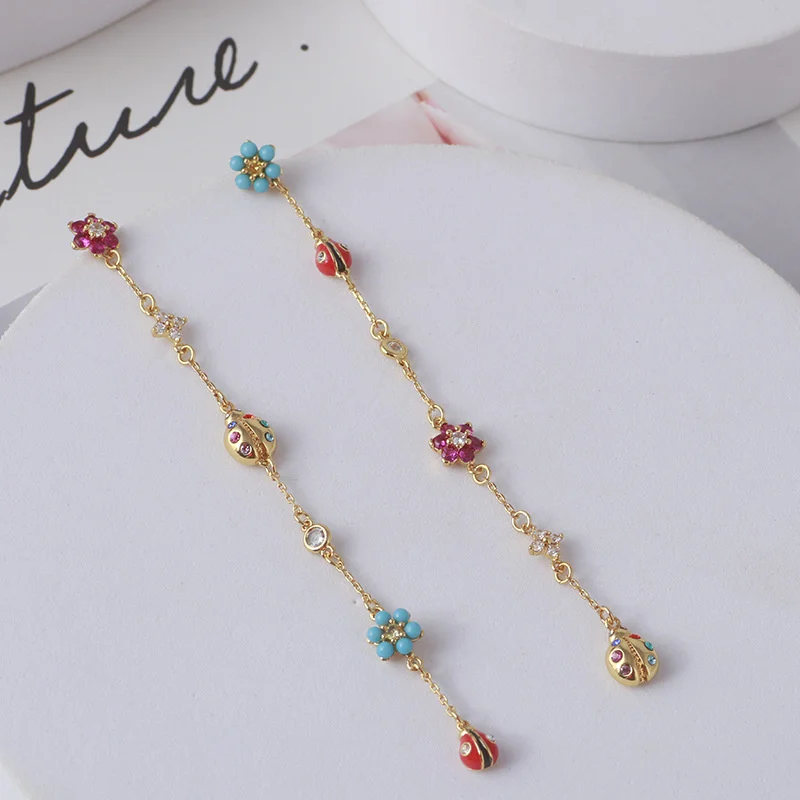 European And American Fashion Brand Jewelry Wholesale Simple Color Flower Ladybug Long Tassel Female Earrings