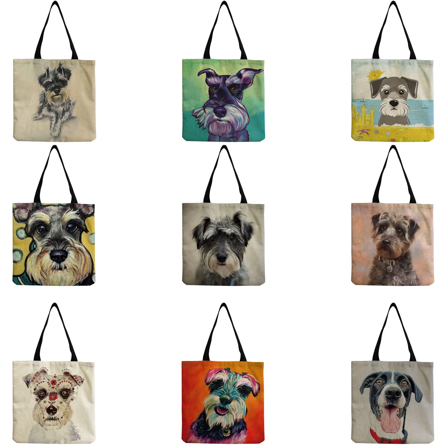 Lady Korean Shoulder Bag Schnauzer Dog Painting Handbags For Women Casual Shopping Shopper Bags Large Capacity Travel Tote Bags