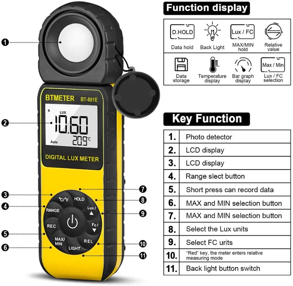 BTMETER BT-881E Digital Illuminance/Light Meter,Handheld Ambient Temperature Measurer with Range up to 300,000 Lux Luxmeter