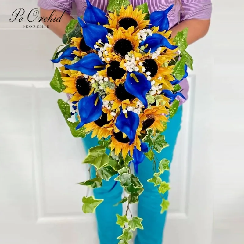 PEORCHID Artificial Calla Lilies Sunflower Bridal Bouquet Cascade De Mariage Teardrop Yellow Royal Blue Wedding Bride Bouquet