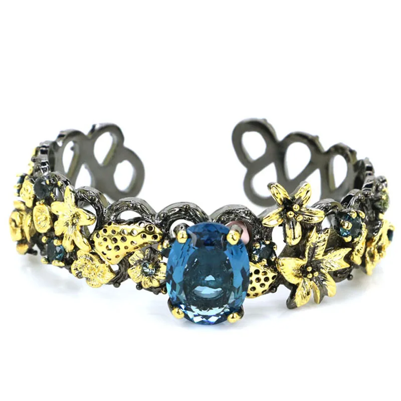 

73x23mm Big 53g created London Blue Topaz Smokey Topaz Violet Tanzanite Black Gold Cuff Bangle Silver plated Bracelet 7.5inch