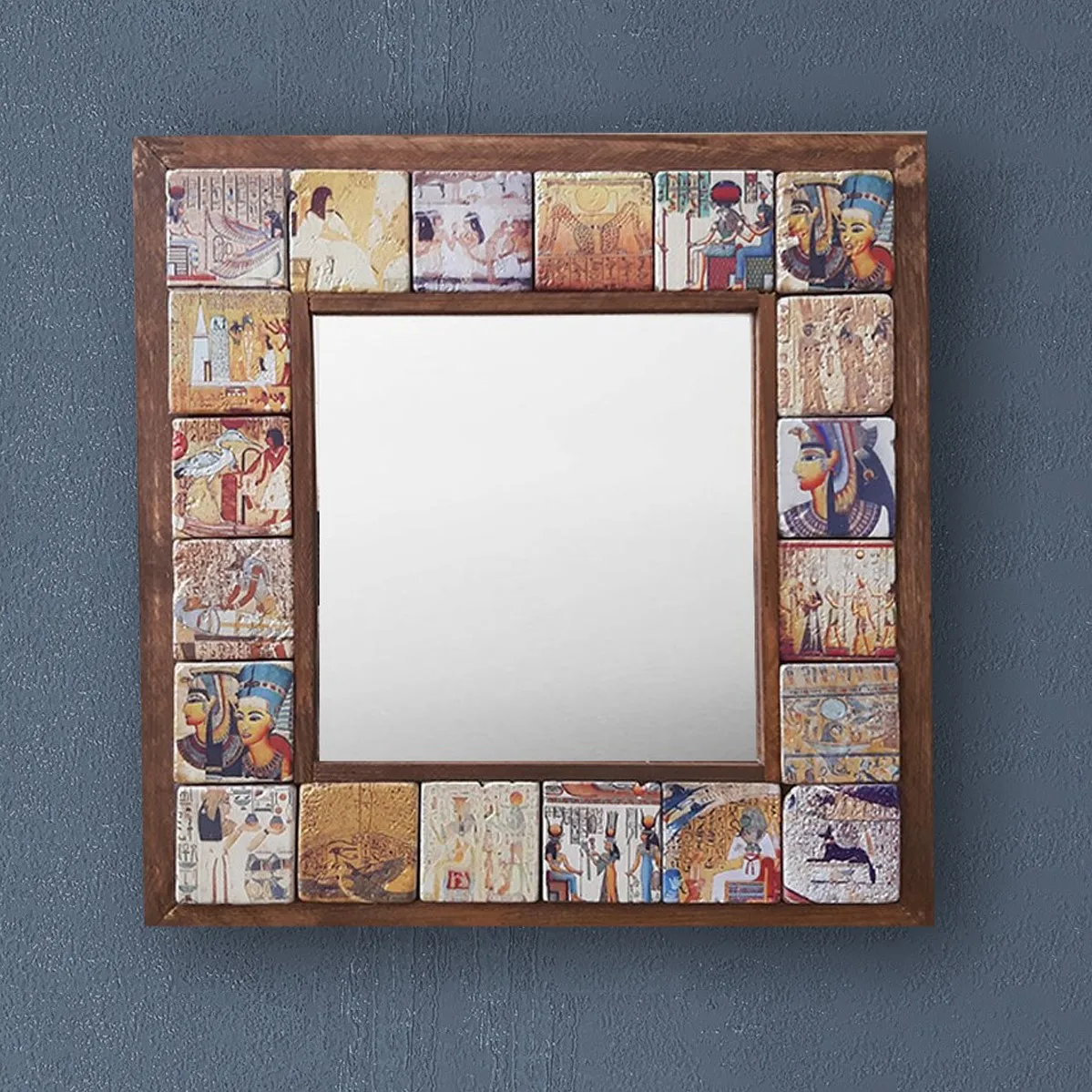 Handmade Wall Mirror Decorative Natural Stone Wooden Framed Art Decor Vintage Mosaic Printed Tile Square Gift Hang 33cmx33cm