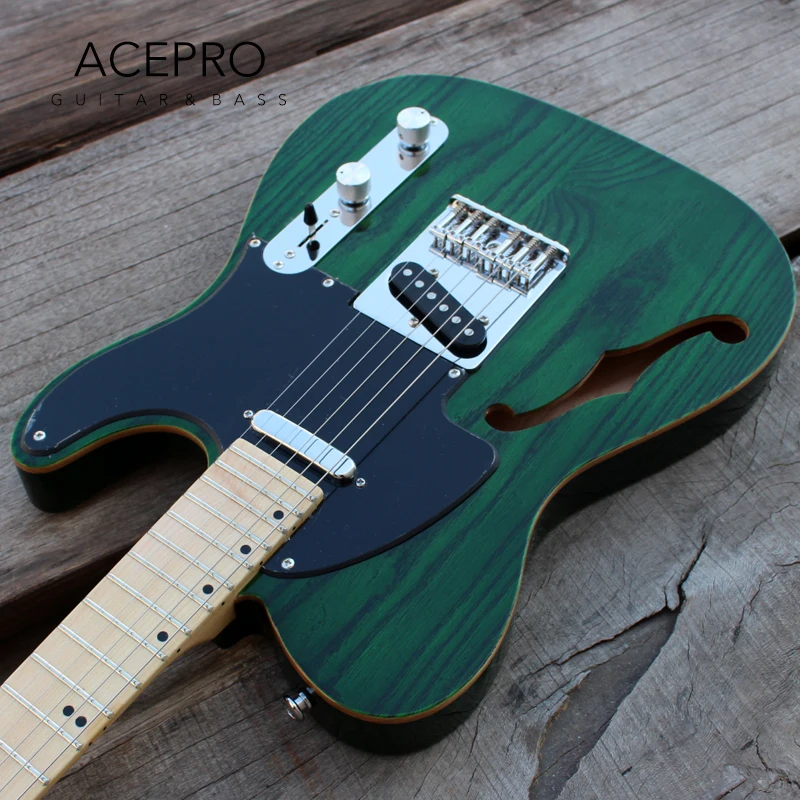 In Stock Acepro F hole Electric Guitar Green Solid ASH Top, High Quality Guitarra Parts, Chrome Hardware, Free Shipping