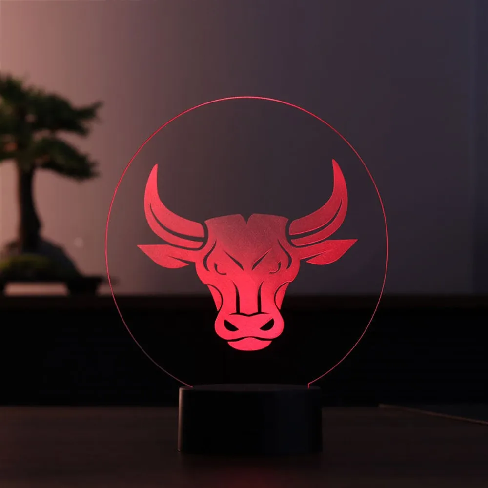 Bull acrílico 3d ilusão led candeeiro de mesa 12 volts adaptador luz do dia design base madeira aniversário presente dia especial ideia para casais