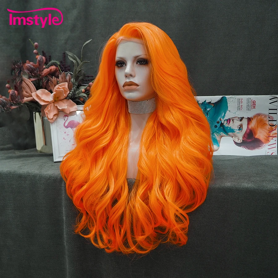 Imstyle Orange Wig Long Synthetic Lace Front Wig Natural Wavy Wigs for Women Lace Wig Heat Resistant Fiber Cosplay Wig