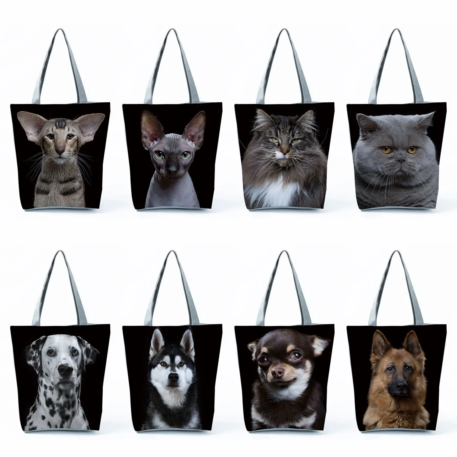 Cat Dog Print Black Shoulder Bag Cute Animal Casual Handbags Travel All-Match Portable Tote Reusable High Capacity Shopping Bags