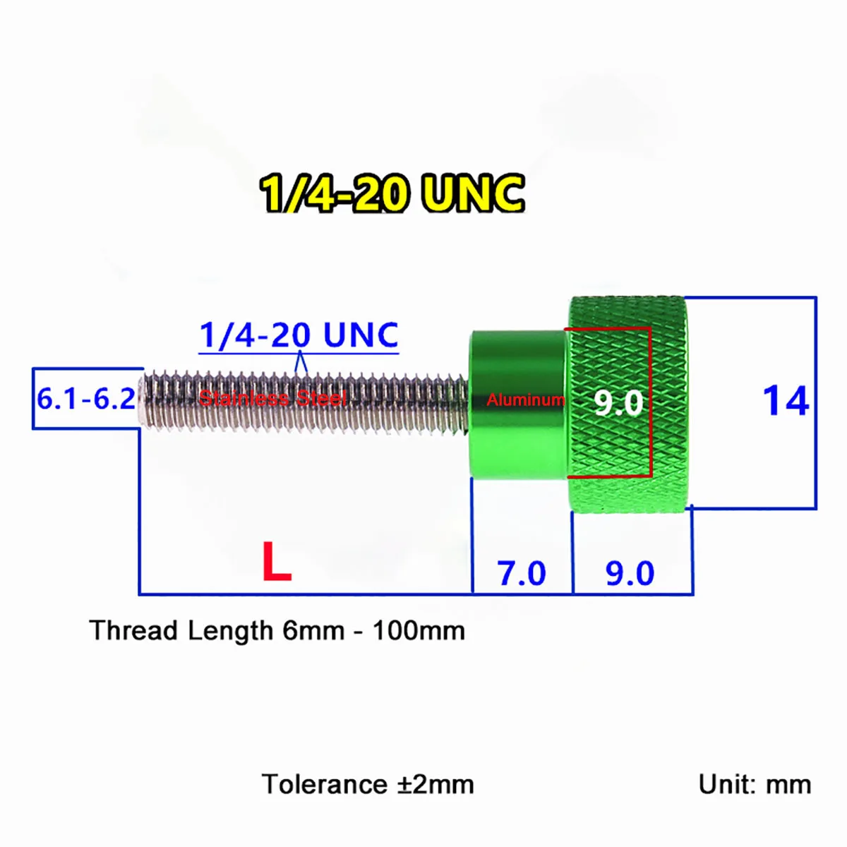 1Pcs UNC 1/4-20 Thread Aluminum High Step Thumb Screws 14x9mm Knurled Head Hand Tighten Screw Stainless Steel Thread 6-100mm