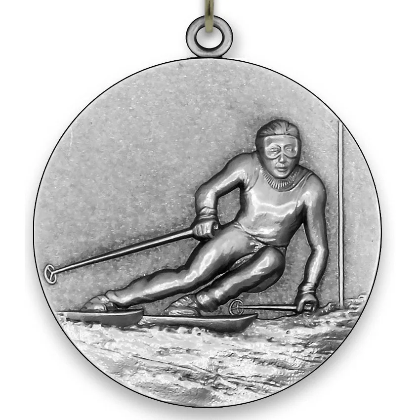 Large Metal - Skiing Medal - Male - Silver- 6,4 cm - with Neck Ribbon size 2,2cm x 80 cm, Choice of Ribbon Colours,