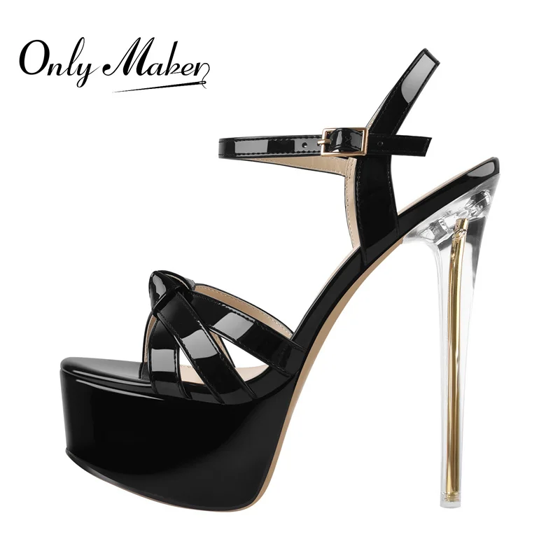 Onlymaker Brand Ankle Buckle Platform Sandals Transparent Metal Thin High Heels Patent Leather Cross Band Summer Sandals