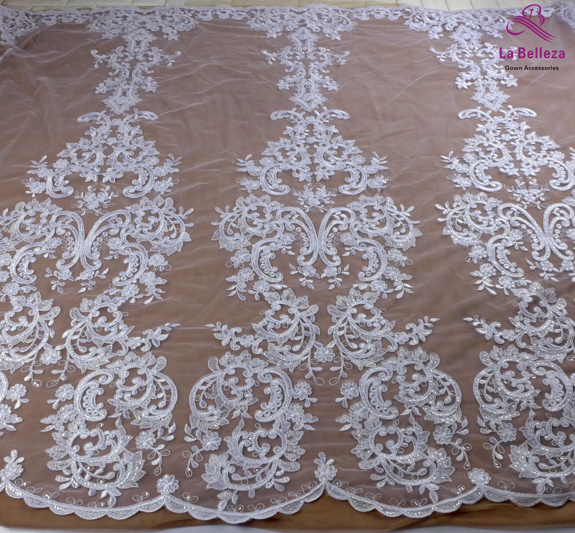 La Belleza Pure white polyester with clear sequins large patteners wedding dress lace fabric 51'' width 1 yard