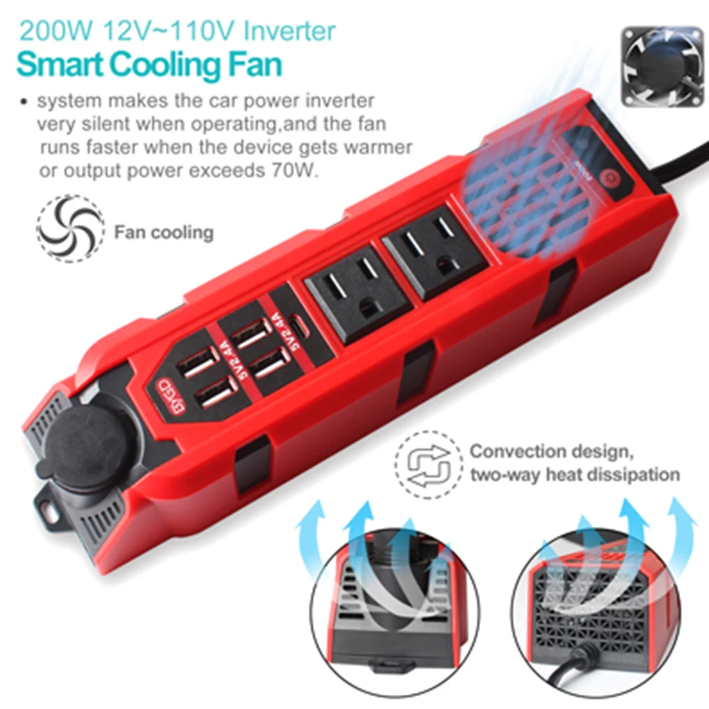 200W Auto Power Inverter DC 12V bis 110V AC Converter Zigarette Leichter Dual AC Outlets Typ C 2,4 EIN 4 USB Schnell Ladegerät Adapter