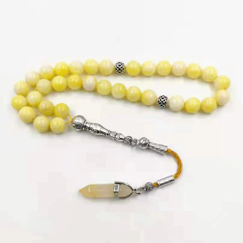 

Tasbih Natural LEMON Jasper with YELLOW AVENTURINE stone 33 beads bracelet muslim accessories on hand islamic fashion jewelry