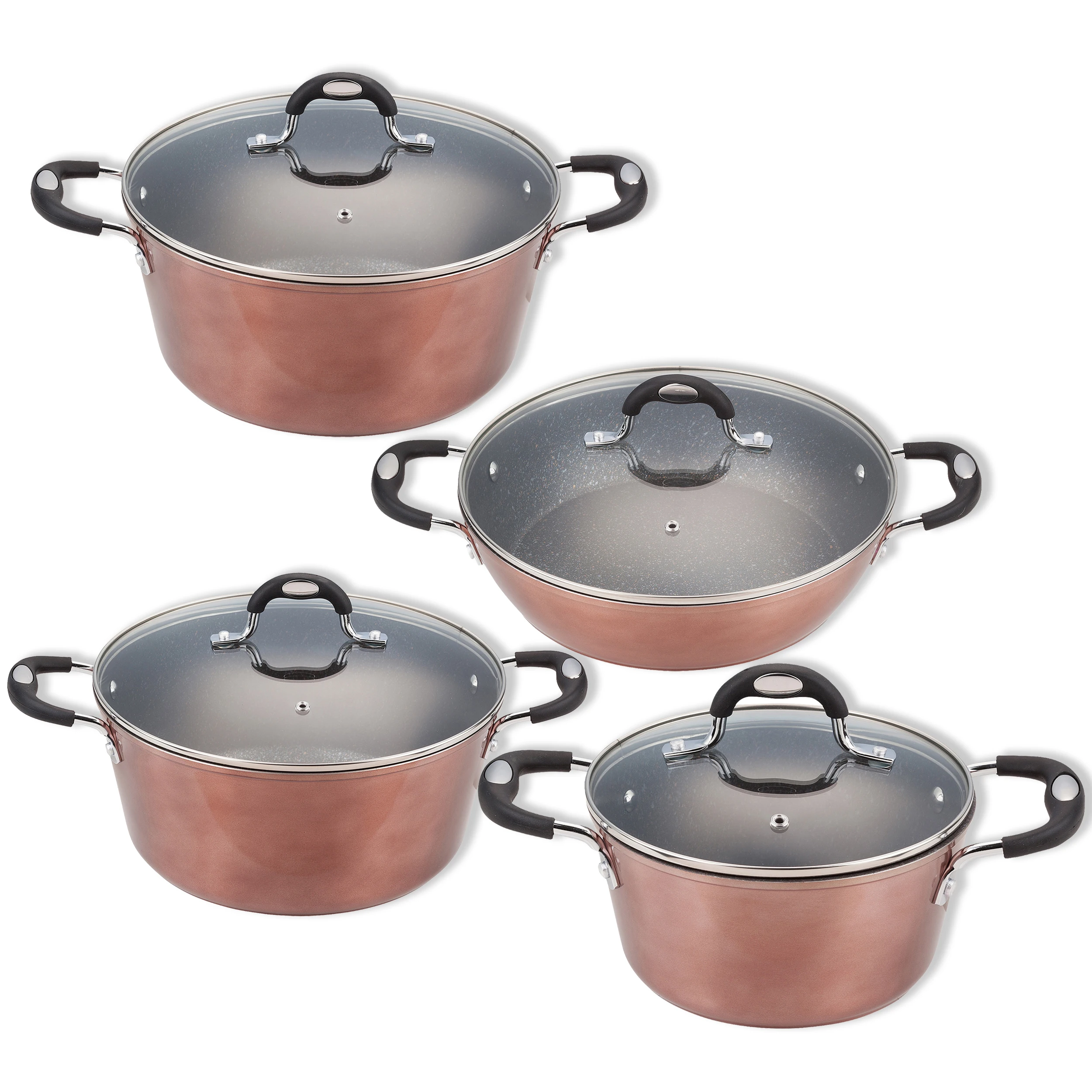 Pans (20,24,28,28cm) in aluminium with glass lids SAN IGNACIO Pandora collection