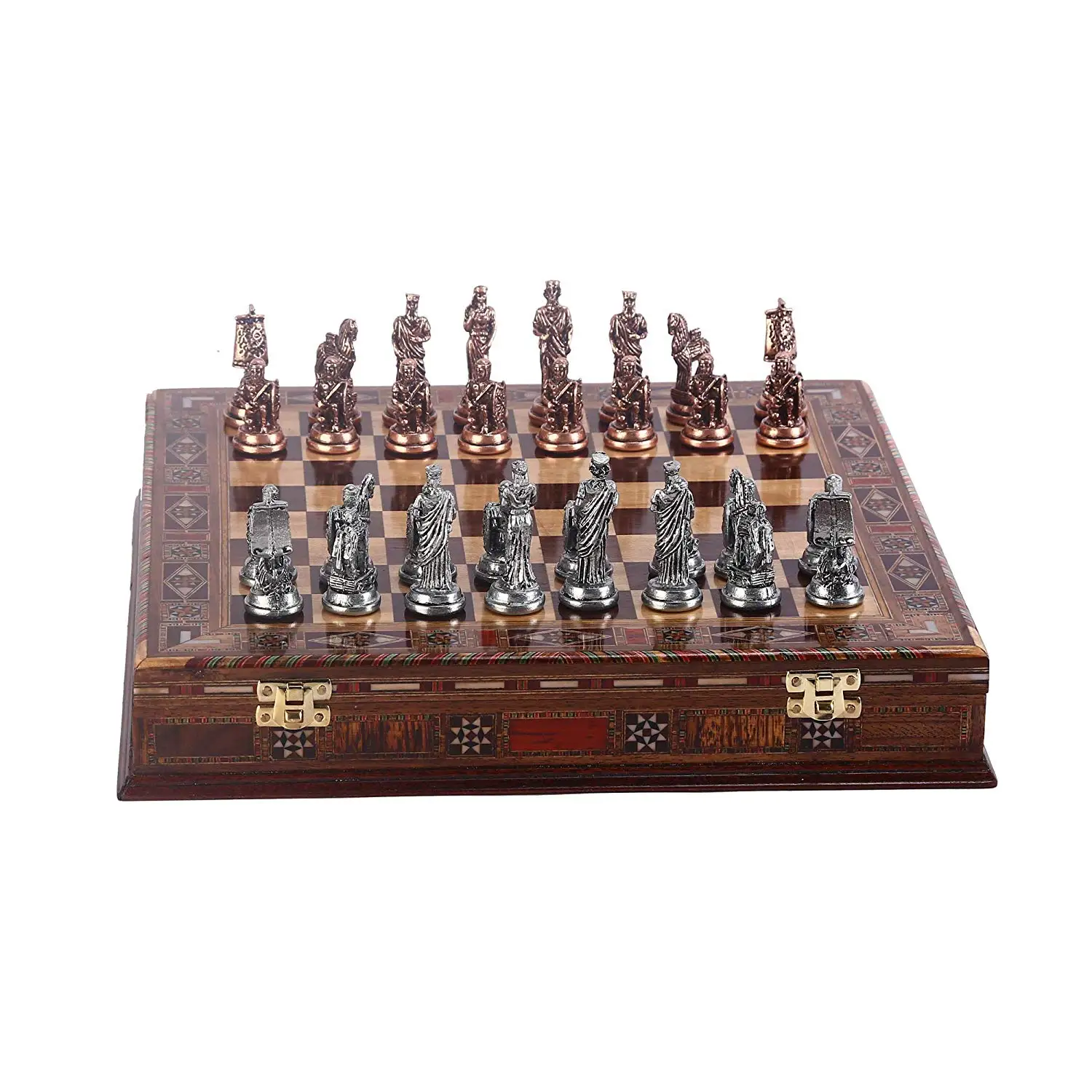 

Historical Antique Copper Troy Figures Metal Chess Set,Handmade Pieces,Natural Solid Wooden Chess Board Storage Inside King 7cm