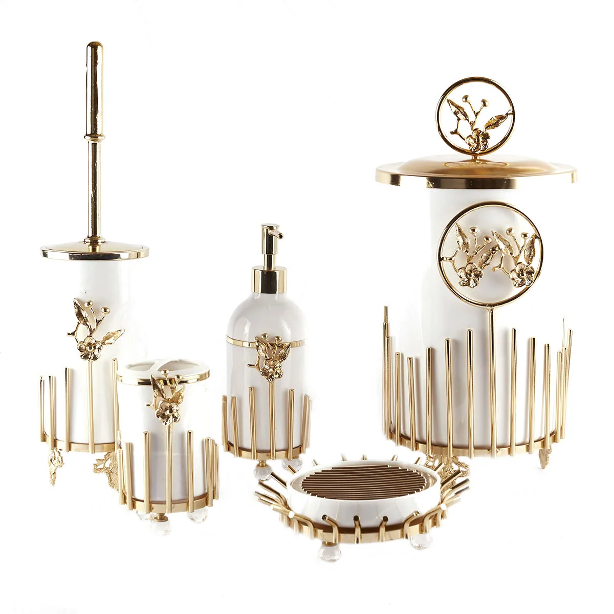 

Bathroom Set Liquid Solid Soap Dispenser Toothbrush Stand Dustbin Shiny Gold Color High Workmanship Durable Metal Acrylic Inner Bowl Home Decoration Strong Structure Original Design Special Production Crystal Gift