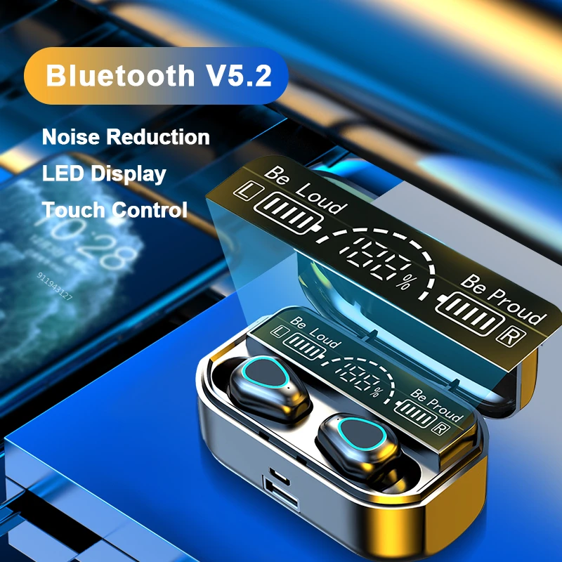 Auriculares inalámbricos TWS con Bluetooth 5,2, cascos deportivos impermeables con caja de carga de 3500mAh, reducción de ruido y micrófono