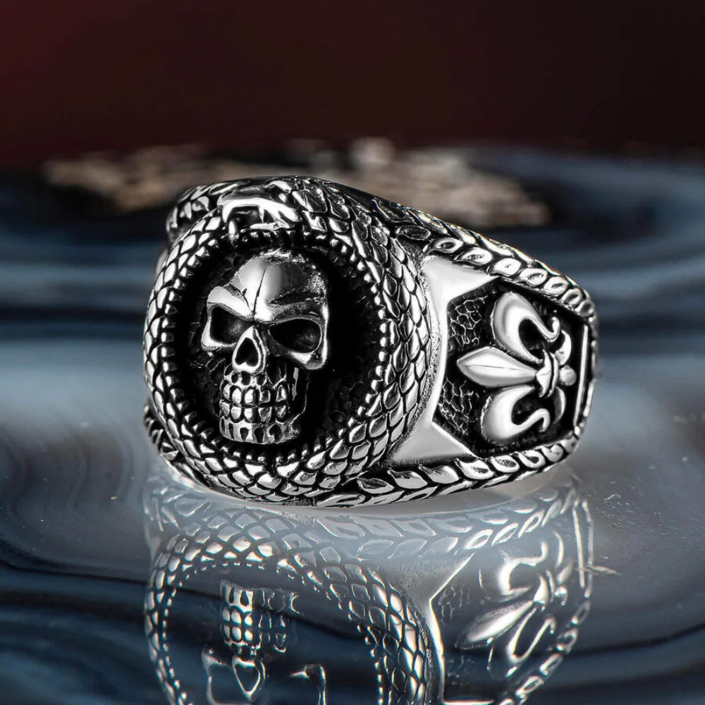 925K Real Sterling Silver Ring Skull and Snake Jewelry Handmade Biker Gift For Him Free Shipping Gothic Style Dropshipping