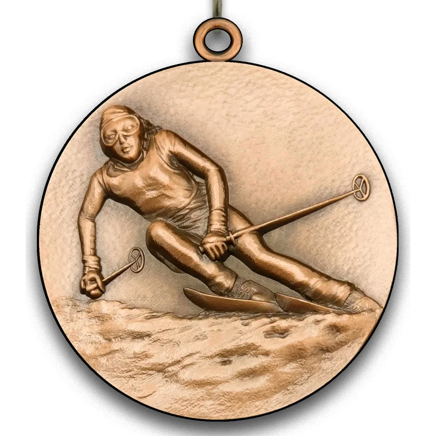 Large Metal - Skiing Medal - Female - Bronze - 6,4 cm - with Neck Ribbon size 2,2cm x 80 cm, Choice of Ribbon Colours.