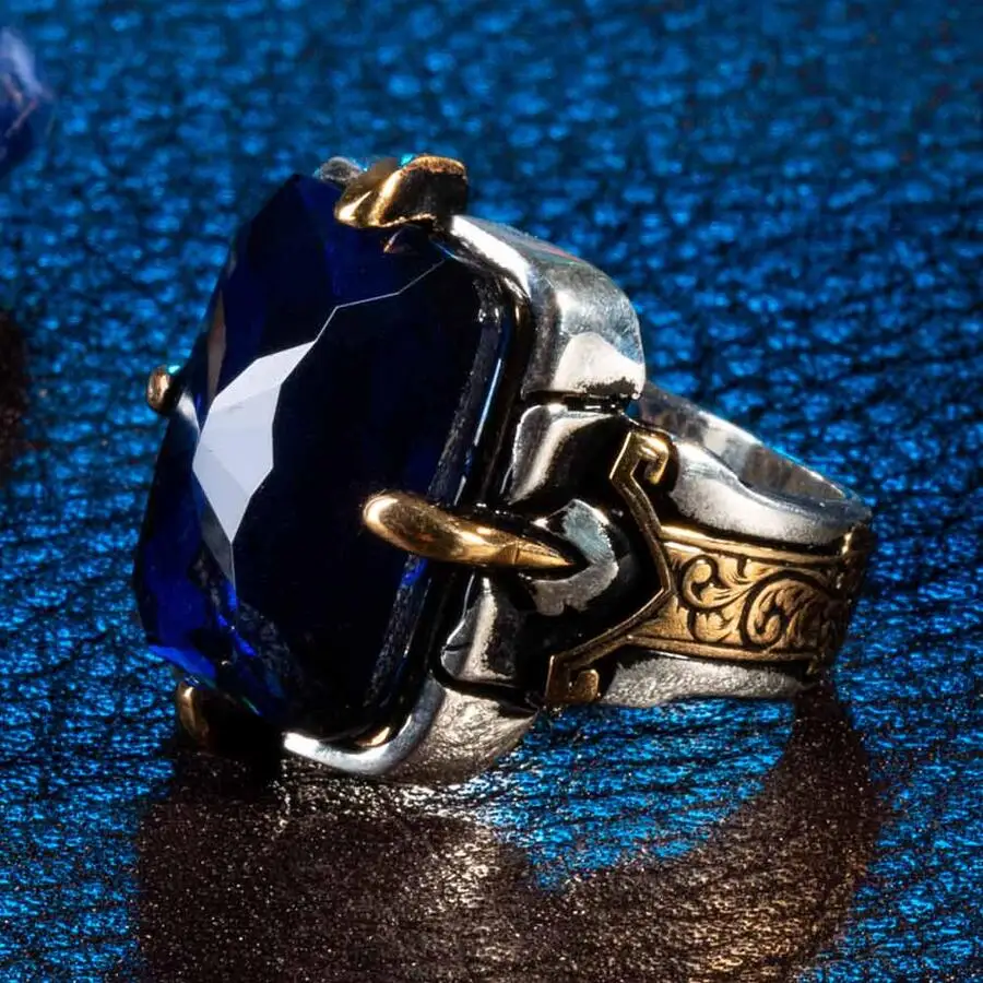 

Men Silver Rectangle Faceted Blue Amber Gemstone Men Ring Shield Model Ring Handmade Vintage Men Jewelry 925k Silver