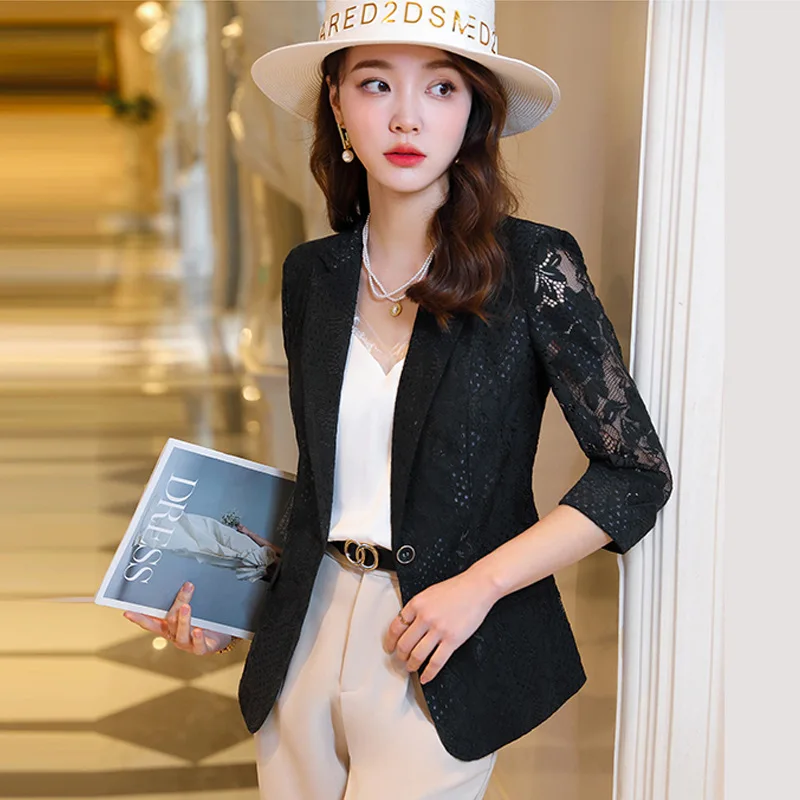 2024 spring and summer new lace suit women's Korean version slim waist blazers casual lapel three-quarter sleeve thin blazer