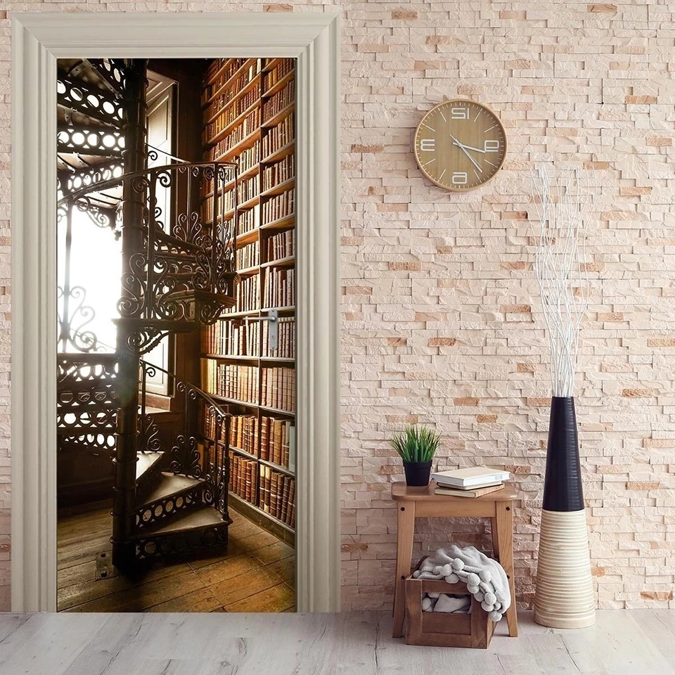 Wooden Bookshelf Door Stickers Spiral Staircase Library Retro Literature Art Bookstore Decor Renovation PVC Wallpaper Sticker