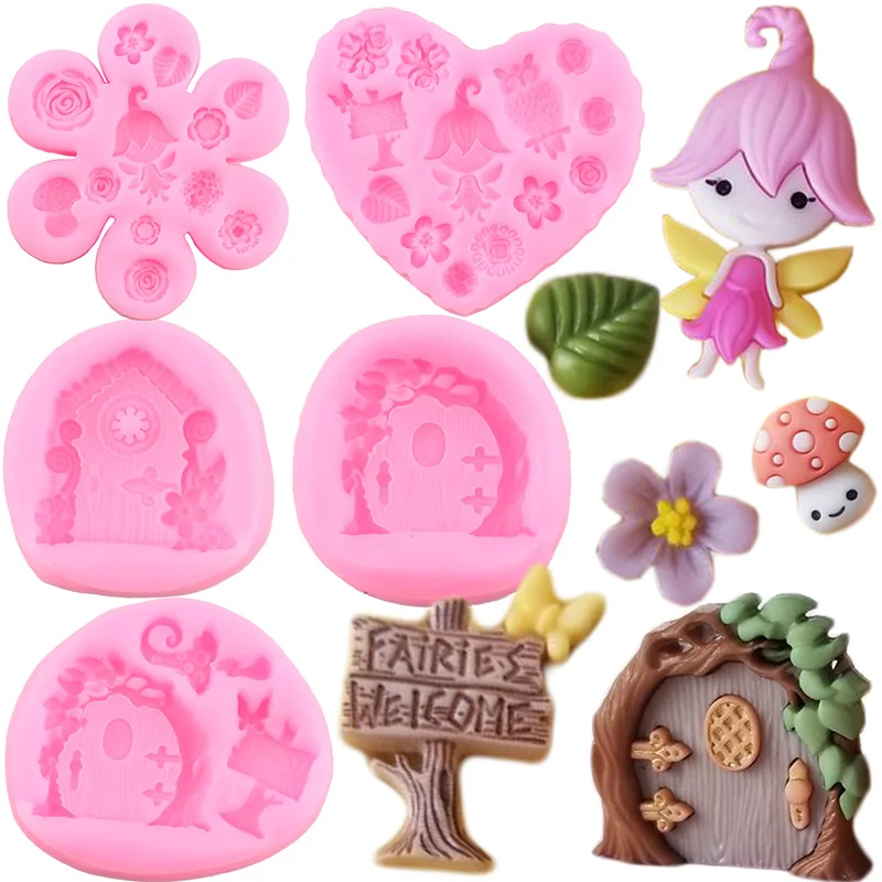 Fairy Garden Gnome Door Window Silicone Molds Flower Leaf Mushroom Cupcake Topper Fondant Cake Decorating Tools Chocolate Moulds