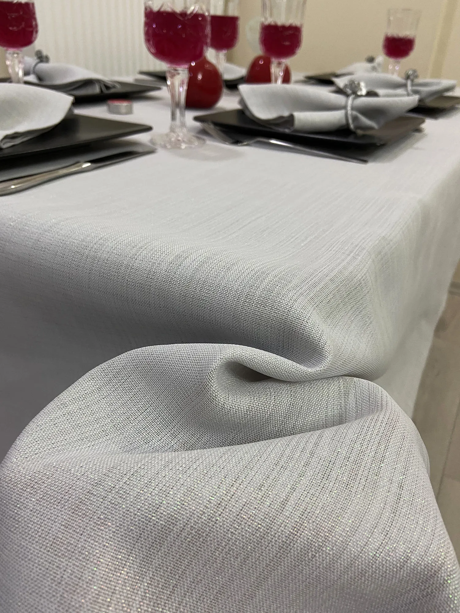 Grey Linen Look Silvery Tablecloth 6 Napkins Rings Round Square Wedding Christmas Baby Shower Birthday Banquet Decor Dining Set