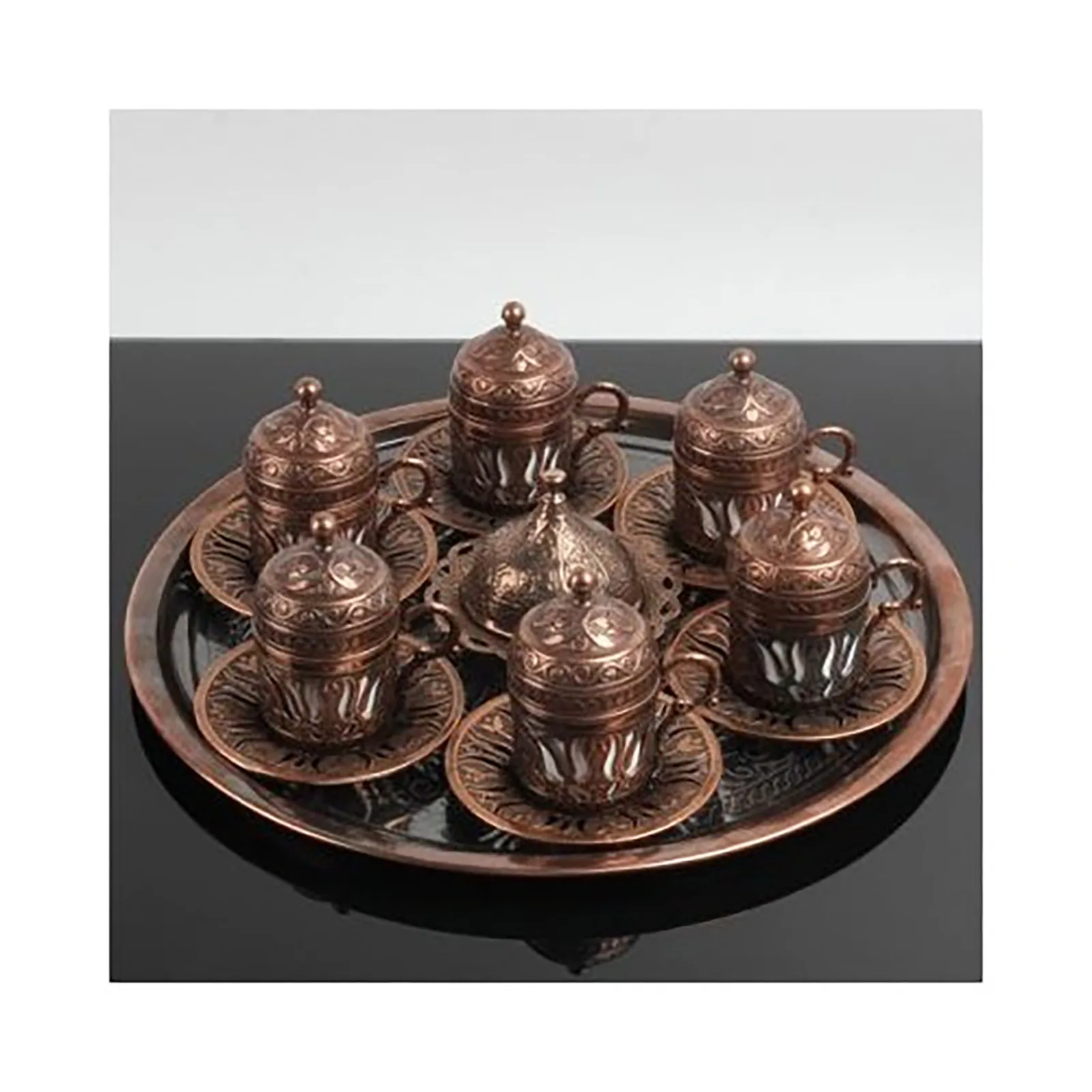 Ottoman Tulip Motif 6 Personality Coffee Set-Copper Ottoman motif copper Turkish coffee cup pad Kitchen cafe eşyası