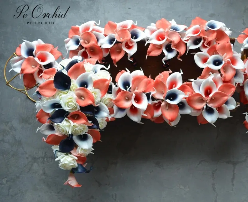 PEORCHID Coral azul marino conjunto de ramo de novia de boda tacto Real lirio de Cala cascada Artificial ramo de flores para damas de honor para sujetar