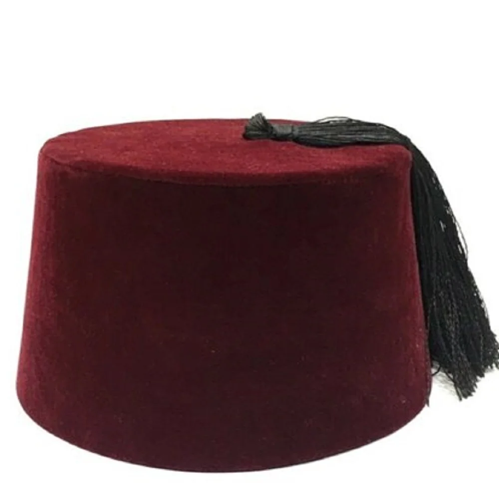 Ottoman Authentic Folkloric Turkish Fes Fez, Oriental Tarboosh, Exotic Ottoman Hat Red And Burgundy