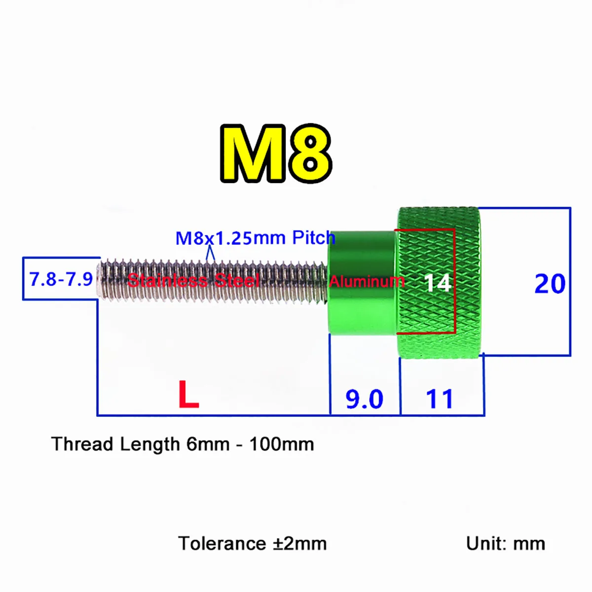 1 шт. метрический M8 анодированный алюминиевый высокоступенчатый винт 20x11 мм большая рифленая головка ручная затяжка винт из нержавеющей стали 6-100 мм