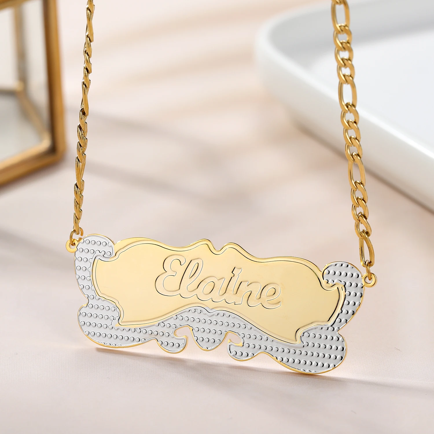 

Double Gold Plated Name Necklace Laser Engraved Nameplate Pendant With Beading Stainless Steel Jewelry Gift For Women