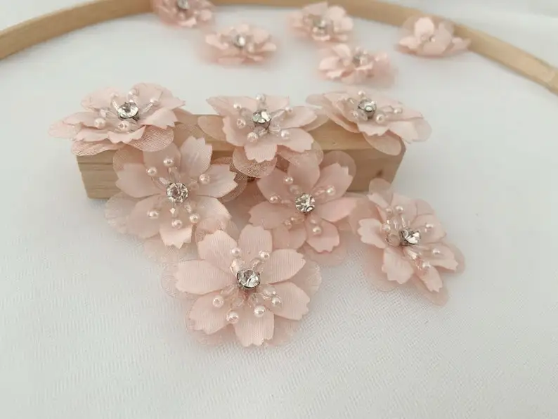 10 Pieces Peach Pink Handcrafted Flowers Applique, Handmade Flowers With Beads, Organza Flowers Applique